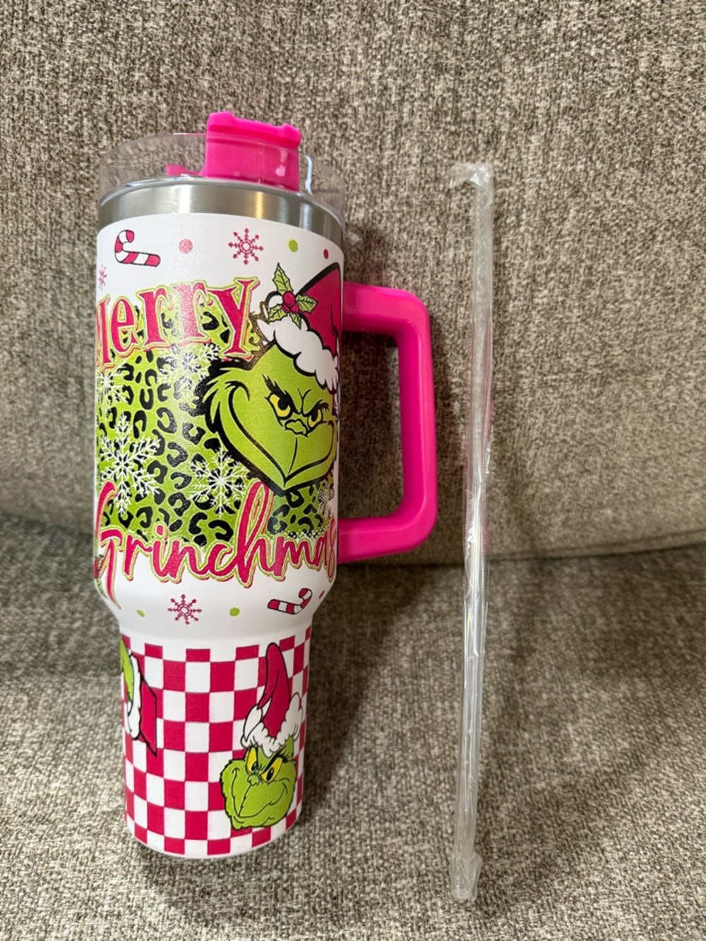 Pink Grinch Holiday Insulated Travel Mug with Handle and Straw